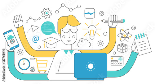 People self employment and different multitasking concept. Fast talented freelancer man near laptop. Project management business multitasking Flat line concept.