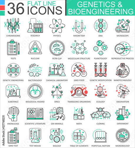 Vector Genetics and biochemistry flat line outline icons for apps and web design. Genetics chemical high technology icons.