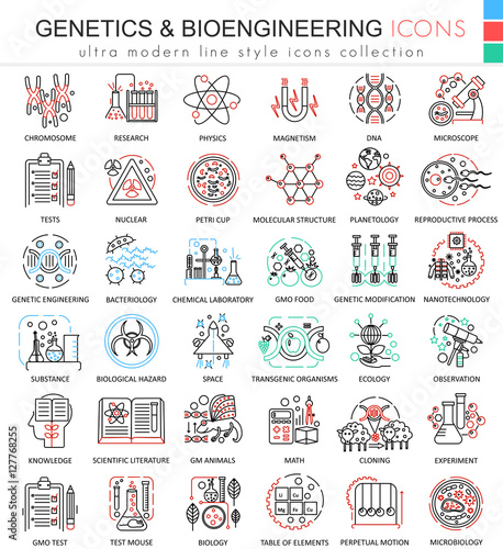 Vector Genetics and biochemistry color flat line outline icons for apps and web design. Genetics chemical high technology elements icons.