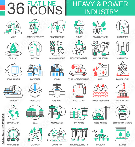 Vector Heavy and power industry flat line outline icons for apps and web design. Heavy power industry high technology icons.