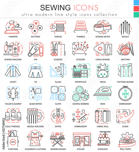 Vector Sewing color line outline icons for apps and web design. Sewing techmology elements icons.