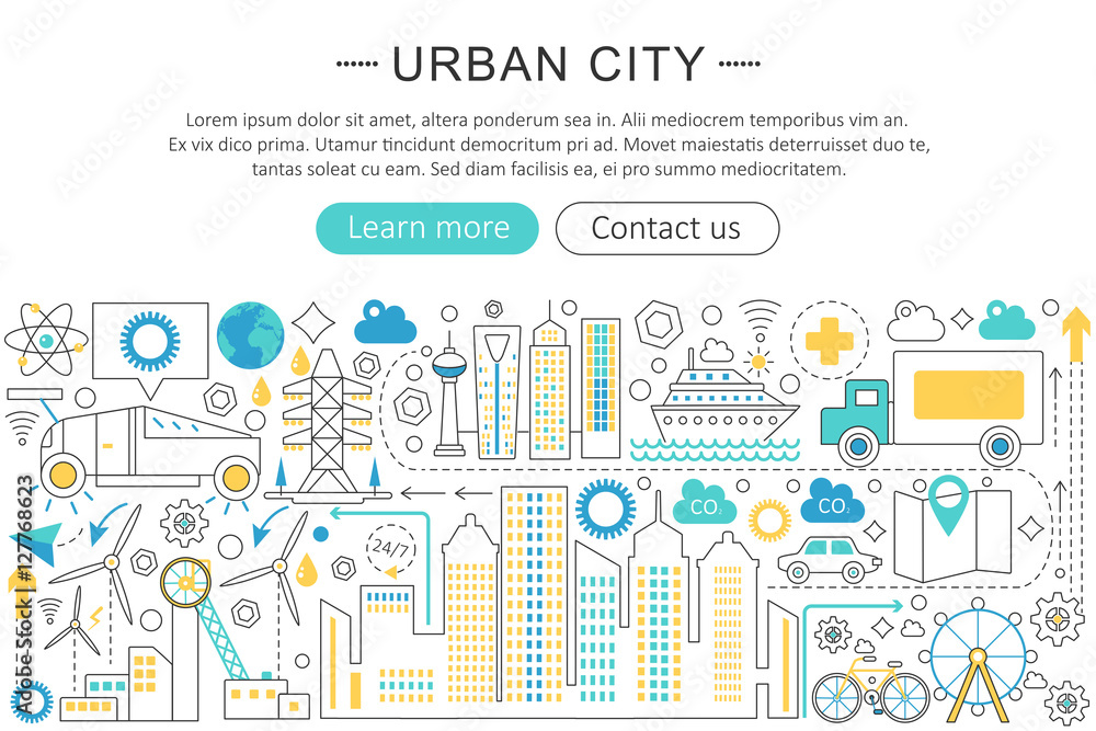 Vector modern line flat design Urban city concept. Urban modern smart city life icons Website Header, app design poster banner. Vector modern line flat design Urban city concept. Urban modern smart city life icons Website Header, app design poster banner.