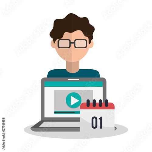 Laptop and boy blogger icon. Blog network multimedia technology social media and communication theme. Vector illustration