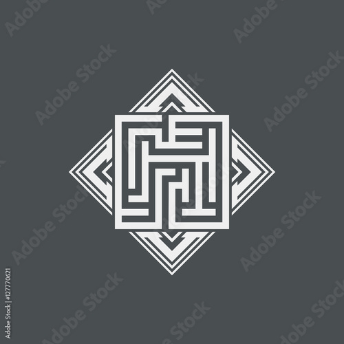 Abstract maze element, maze emblem, square ornament, pattern