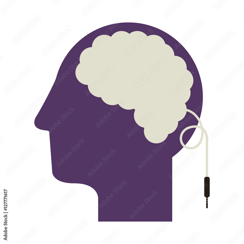 purple silhouette head and human brain with jack connector vector illustration