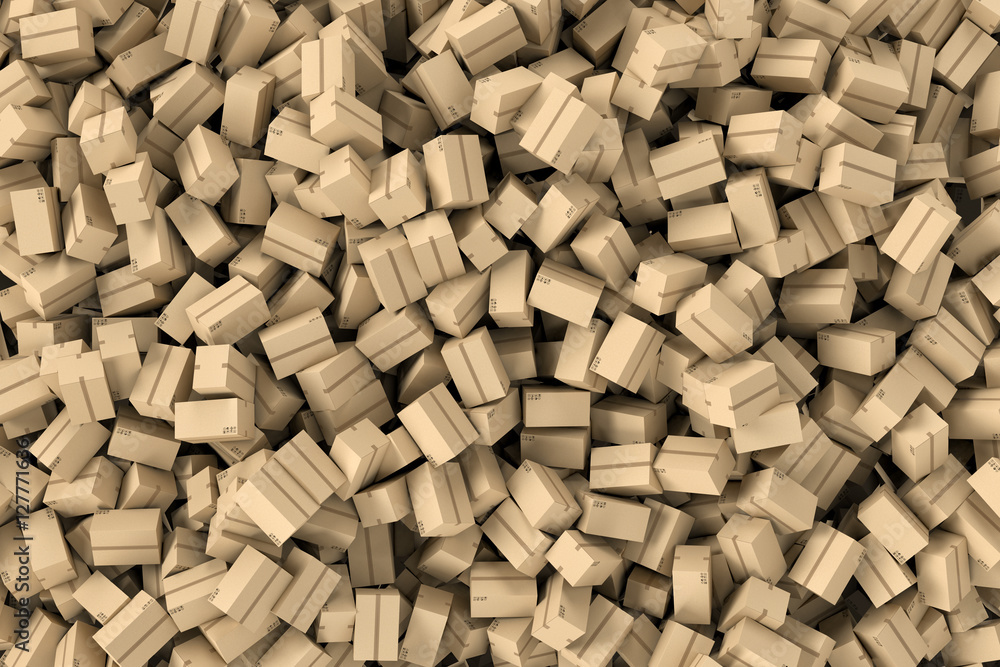 Rendering huge amount of cardboard boxes lying together in disorder Rendering huge amount of cardboard boxes lying together in disorder