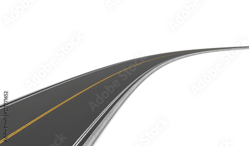 Rendering of two-way road bending to right on white background.