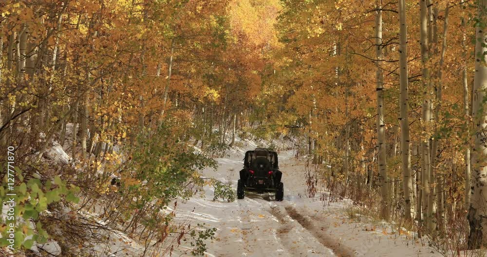 Sport recreation off road winter snow autumn leaves. Seasonal colors early winter storm. Mountain road trails. Riding sports vehicle UTV side by side 4x4 4 wheel drive.