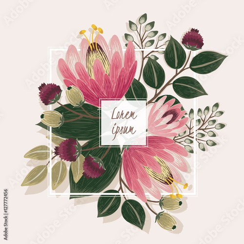 Vector illustration of a beautiful floral bouquet with white frame . Beige background