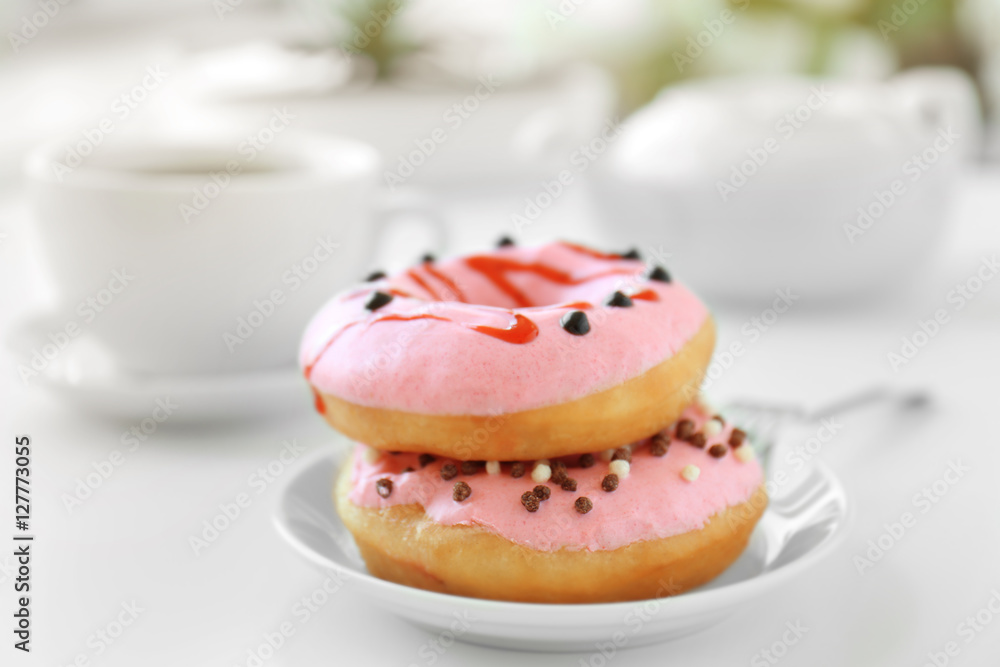 Delicious donuts on table closeup Delicious donuts on table closeup