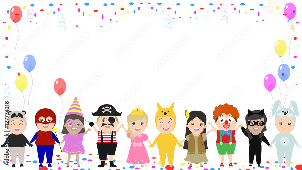 Children's festive background. Children in different carnival costumes.  Vector cartoon Stock Vector | Adobe Stock