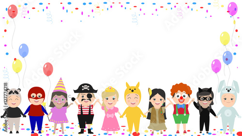 Children's festive background. Children in different carnival costumes. Vector cartoon