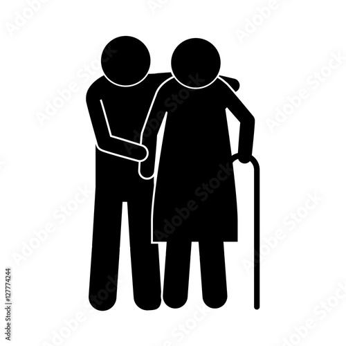 pictogram elderly couple with walking stick vector illustration
