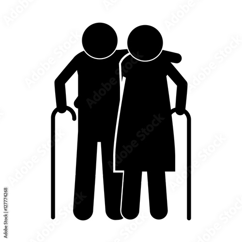 pictogram elderly couple with walking stick vector illustration
