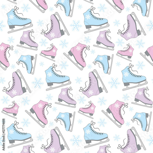 Figure skates and snowflakes on a white background.