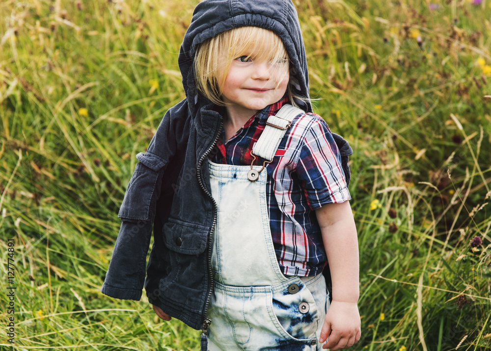 Little Boy Happiness Smiling Nature Outdoors Concept Little Boy Happiness Smiling Nature Outdoors Concept