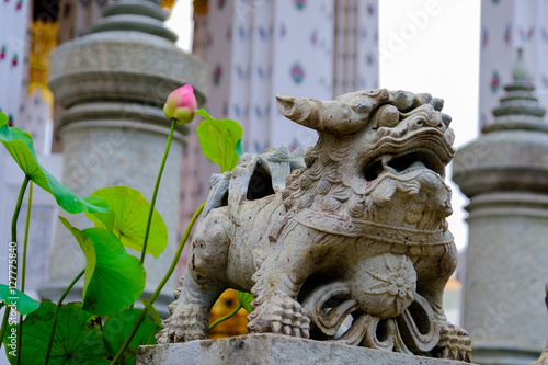 Detail of Lion Stone statue for Thai-Chinese style and thai art architecture in Wat Arun buddhist temple in Bangkok, Thailand.Photo taken on: 21 November , 2016