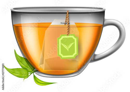 A cup of green tea with tea leaves. Vector illustration.