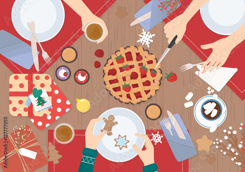 Christmas Dinner on wood table Vector Design.