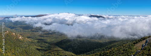 Fog over a mountain valley in Crimea