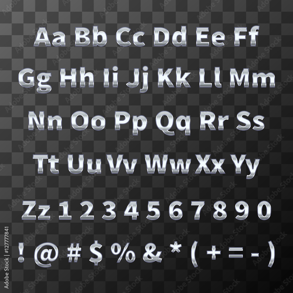 Glossy metal font. Chromium letters and numbers on transparent background