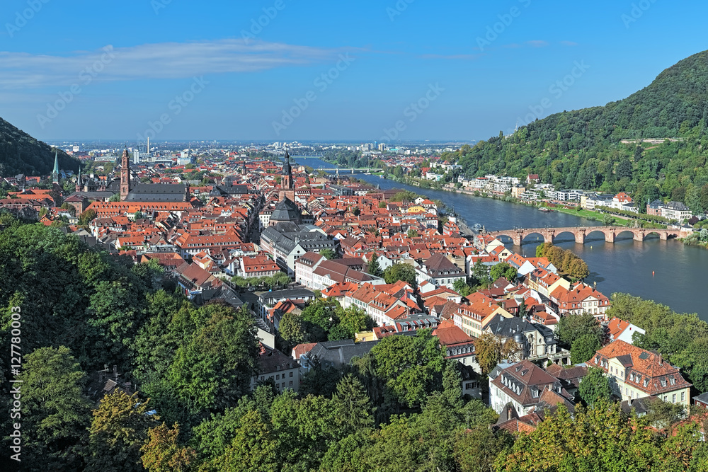 View of Heidelberg Old Town with Jesuit Church, Church of the Holy Spirit and Old Bridge over the Neckar River, Germany 