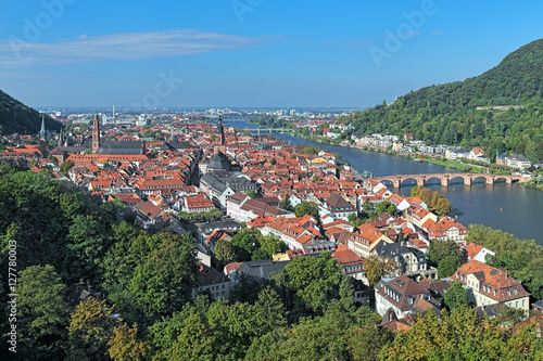 View of Heidelberg Old Town with Jesuit Church, Church of the Holy Spirit and Old Bridge over the Neckar River, Germany 