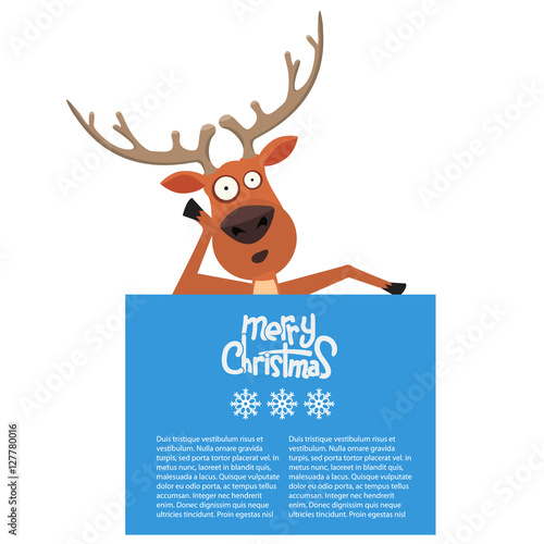 Cartoon Christmas Santas reindeer lean on and pointing at billboard