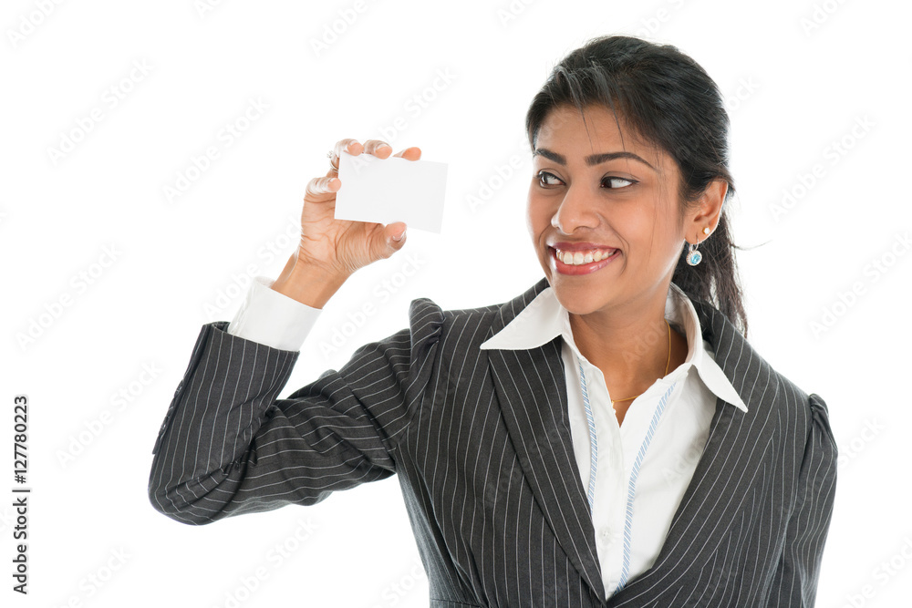 Black business woman showing blank business card Black business woman showing blank business card