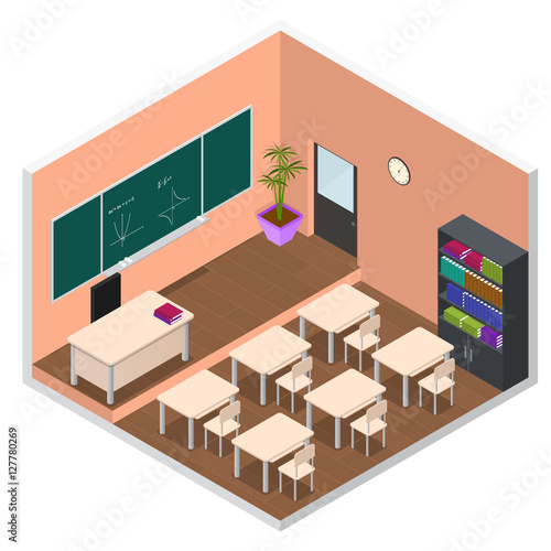 Interior Classroom with Furniture Isometric View. Vector