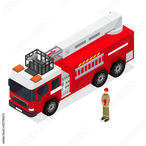 Fire Engine and Firefighter Isometric View. Vector