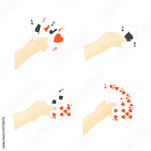 Hand Holding Playing Cards Set. Vector