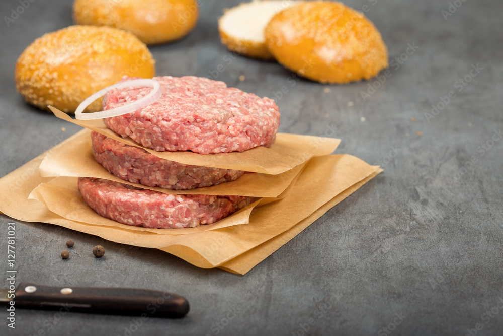 Raw ground beef meat cutlets on paper Raw ground beef meat cutlets on paper