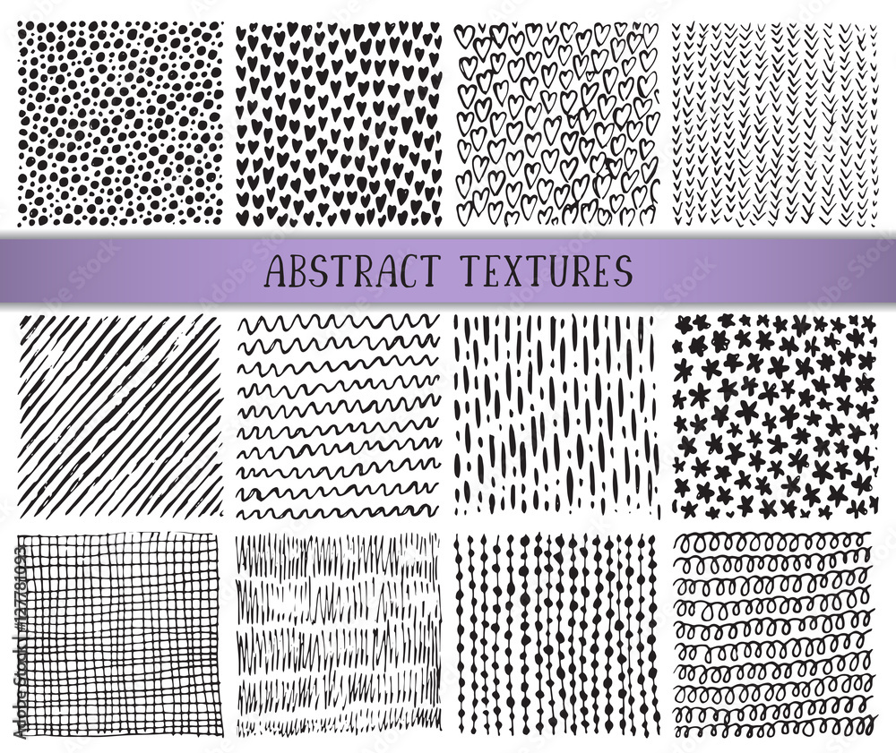 Set of twelve hand drawn ink abstract textures.
