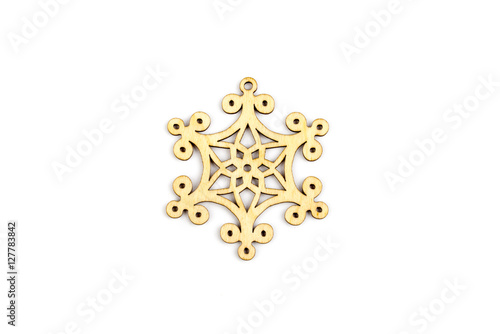 Winter,Christmas, New Year wooden decoration - snowflake, star. Isolated on white background. Top view. Closeup.