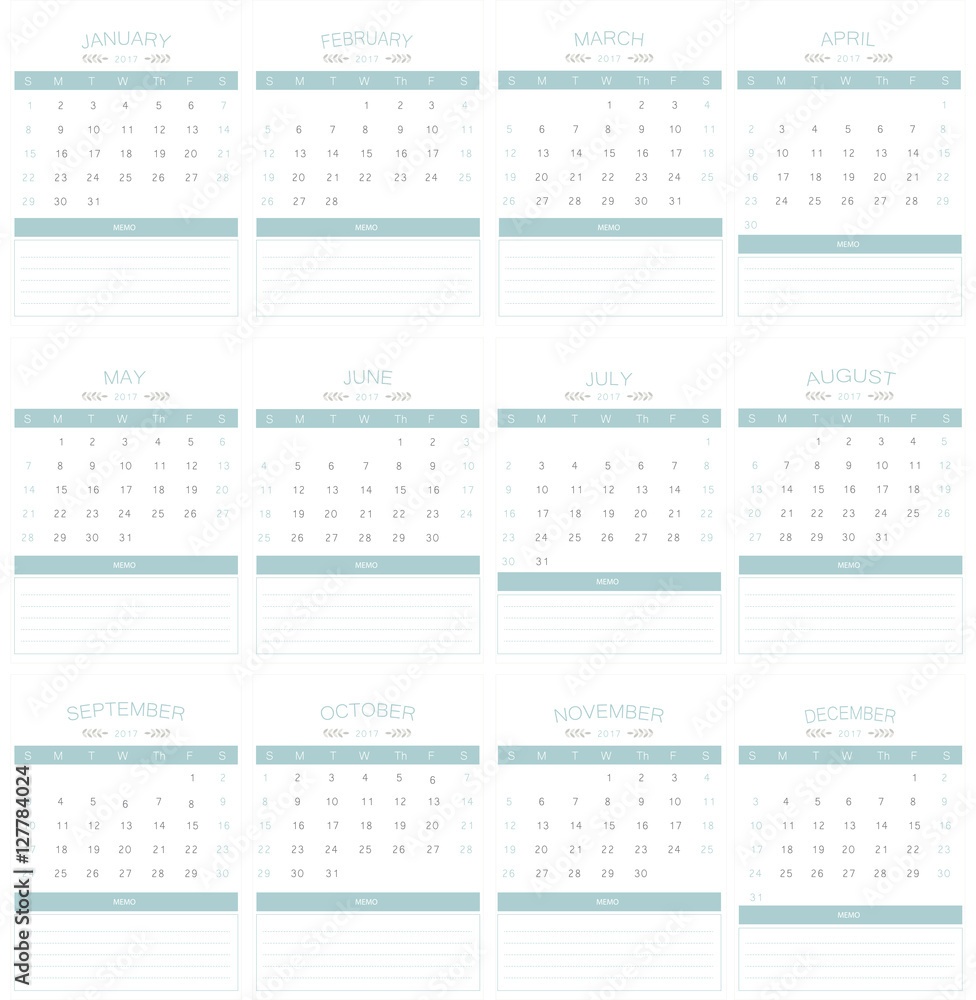 2017 Calendar simply blue on white background | business week and monthly design with memo 2017 Calendar simply blue on white background | business week and monthly design with memo