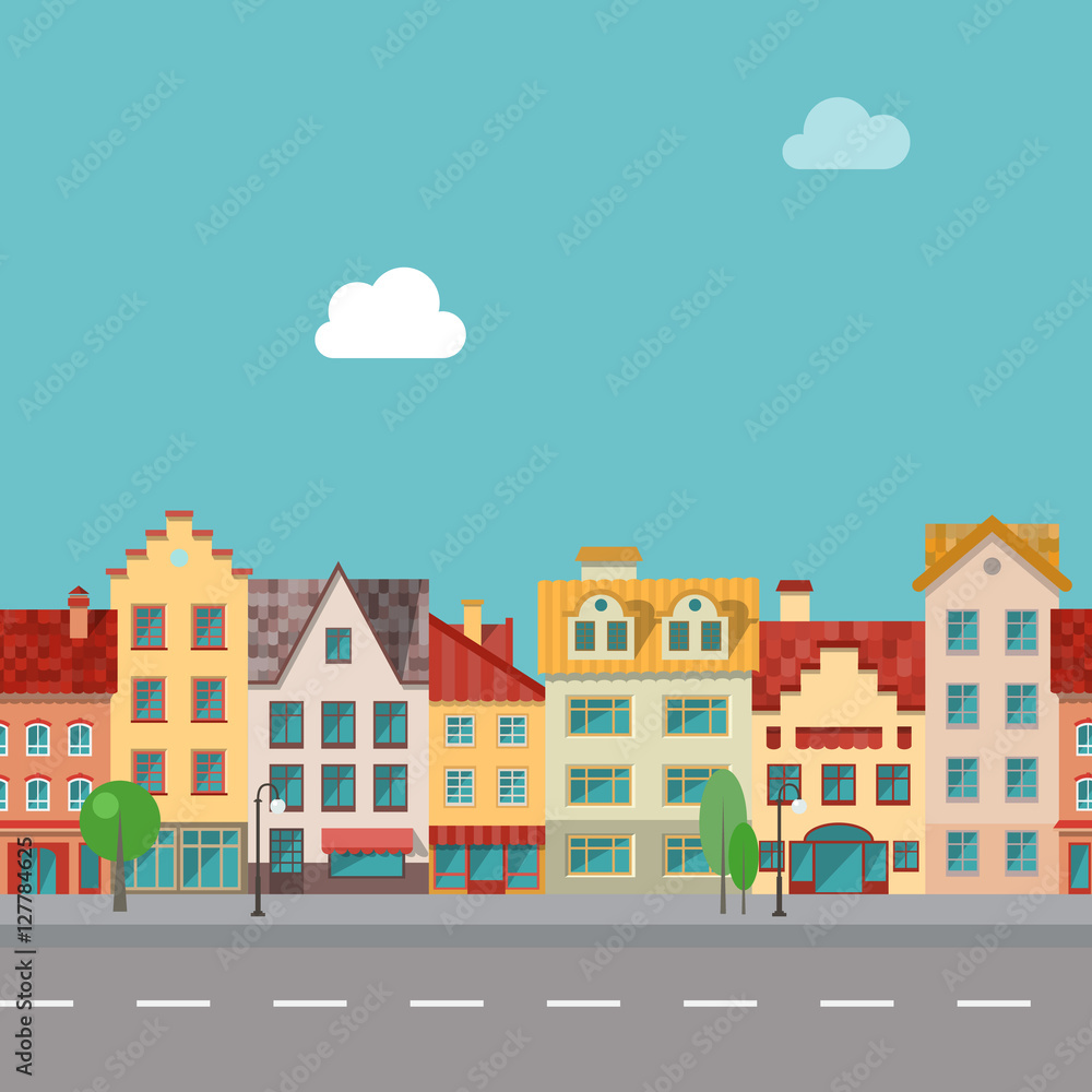 The street with facades of old buildings. Seamless pattern