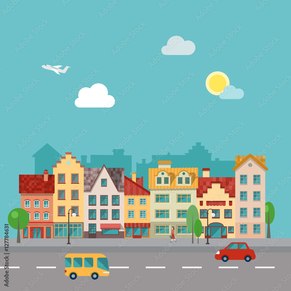 Small town urban landscape in flat design style. Illustration of a street, made in . Small town urban landscape in flat design style. Illustration of a street, made in .