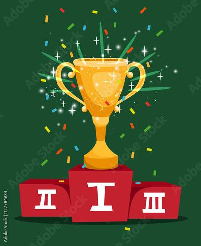 Cartoon prize golden cup on sports championship podium vector illustration