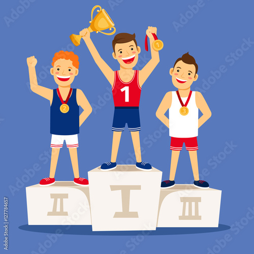 Athletes winner podium. Cartoon winning sportsmen on pedestal with medals and trophy. Vector illustration
