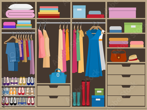 Wardrobe room full of woman's cloths. Flat style vector illustration.