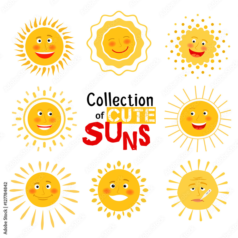 Yellow suns with happy smile collection on white background. Vector illustration Yellow suns with happy smile collection on white background. Vector illustration