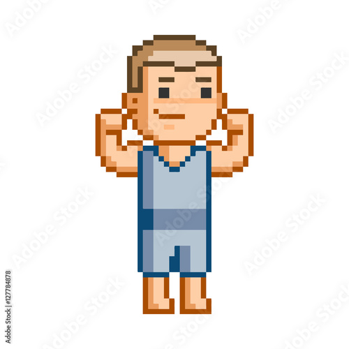 Vector 8 bit pixel art weightlifting for design