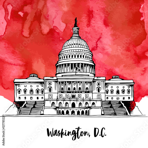 United States Capitol Building vector illustration on watercolor background