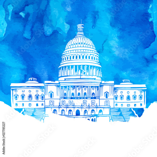 United States Capitol Building vector illustration on watercolor background