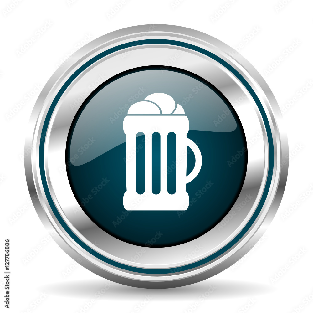 Beer vector icon. Chrome border round web button. Silver metallic pushbutton.