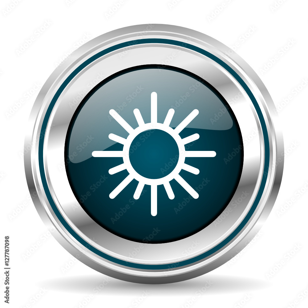 Sun vector icon. Chrome border round web button. Silver metallic pushbutton.