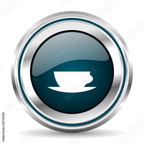 Coffee cup vector icon. Chrome border round web button. Silver metallic pushbutton.