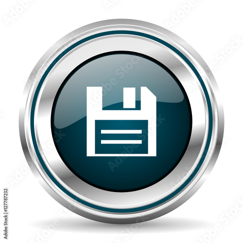 Save vector icon. Chrome border round web button. Silver metallic pushbutton.