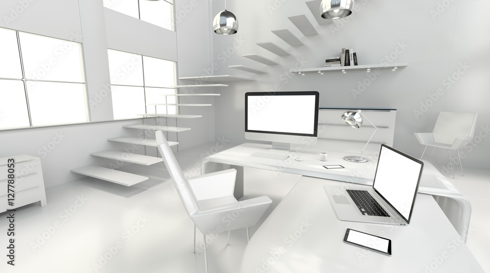 Modern white office interior with computer and devices 3D render Modern white office interior with computer and devices 3D render